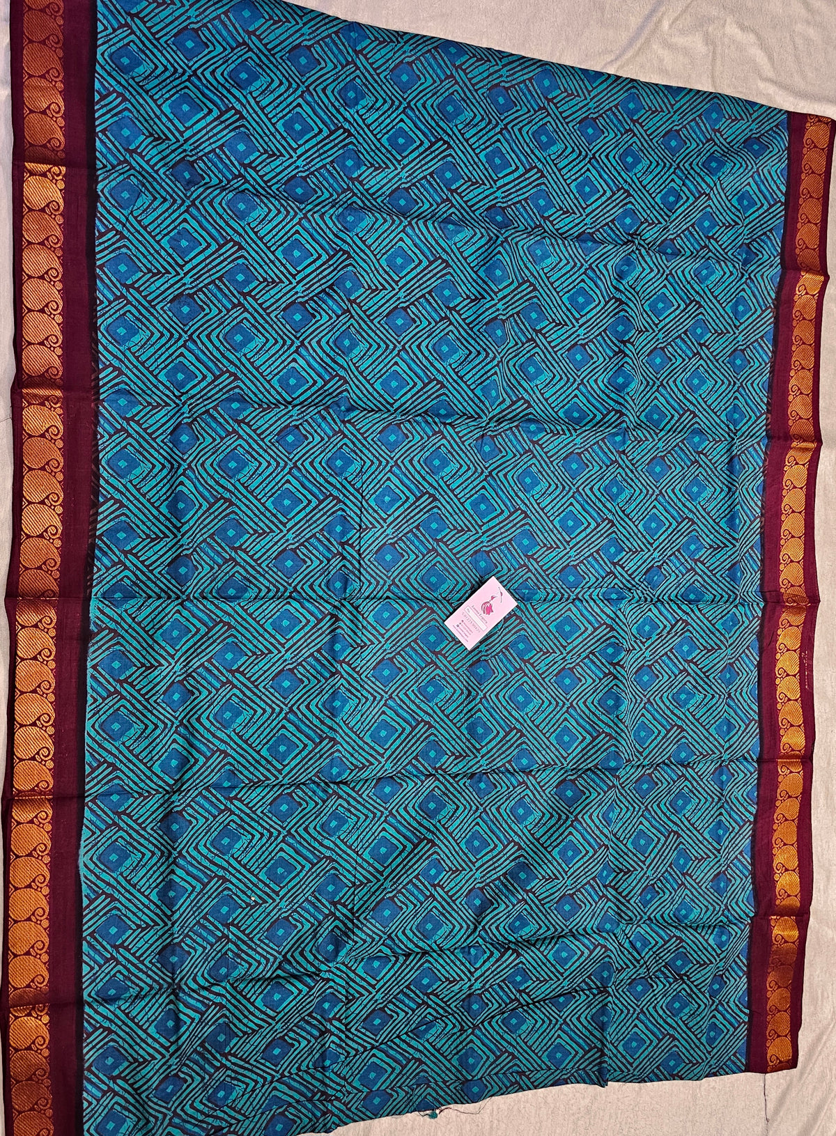 Madurai Sungadi Cotton Saree with Prints - Sea Green with Maroon