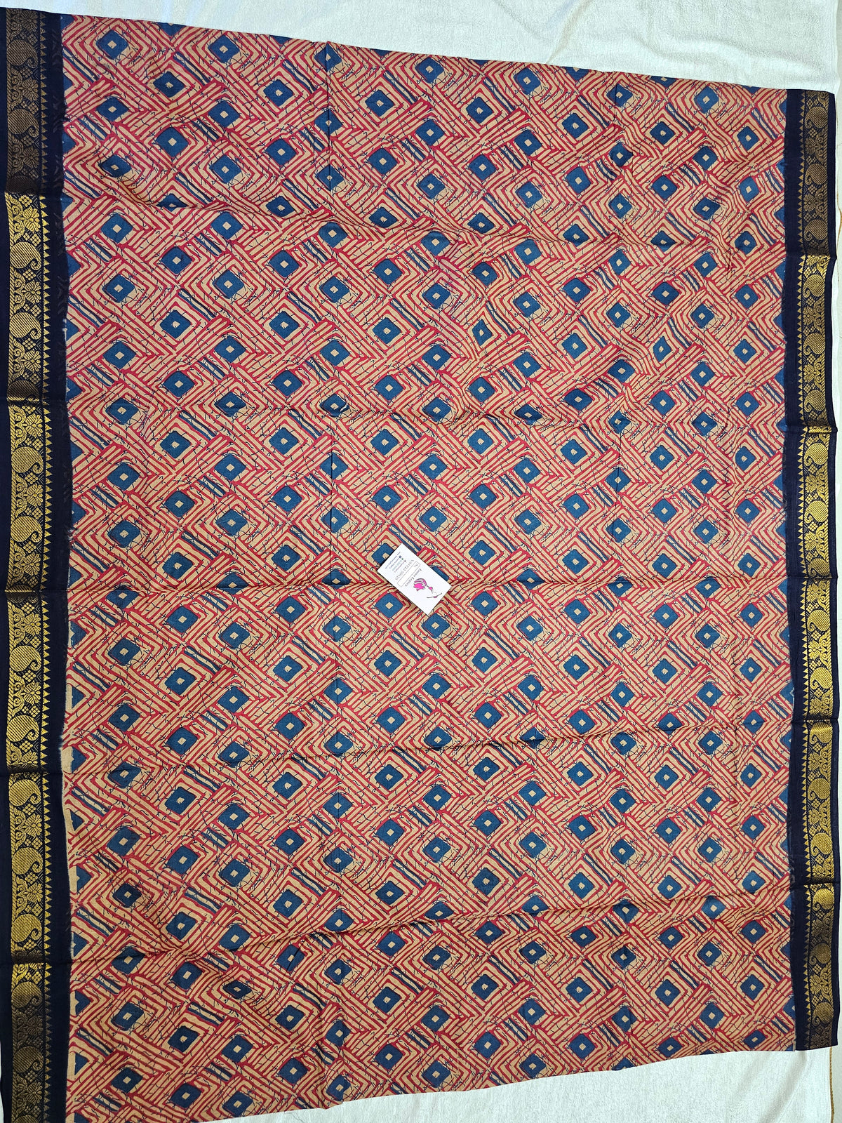 Madurai Sungadi Cotton Saree with Prints - Beige with Dark Blue