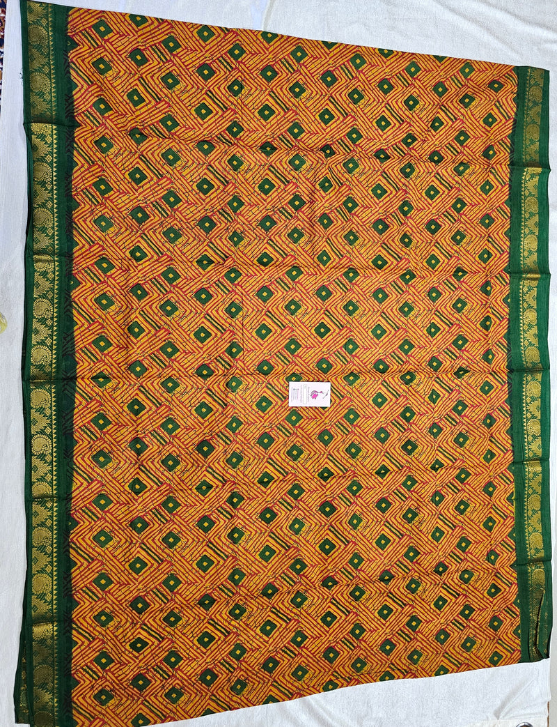 Madurai Sungadi Cotton Saree with Prints - Yellow with Green