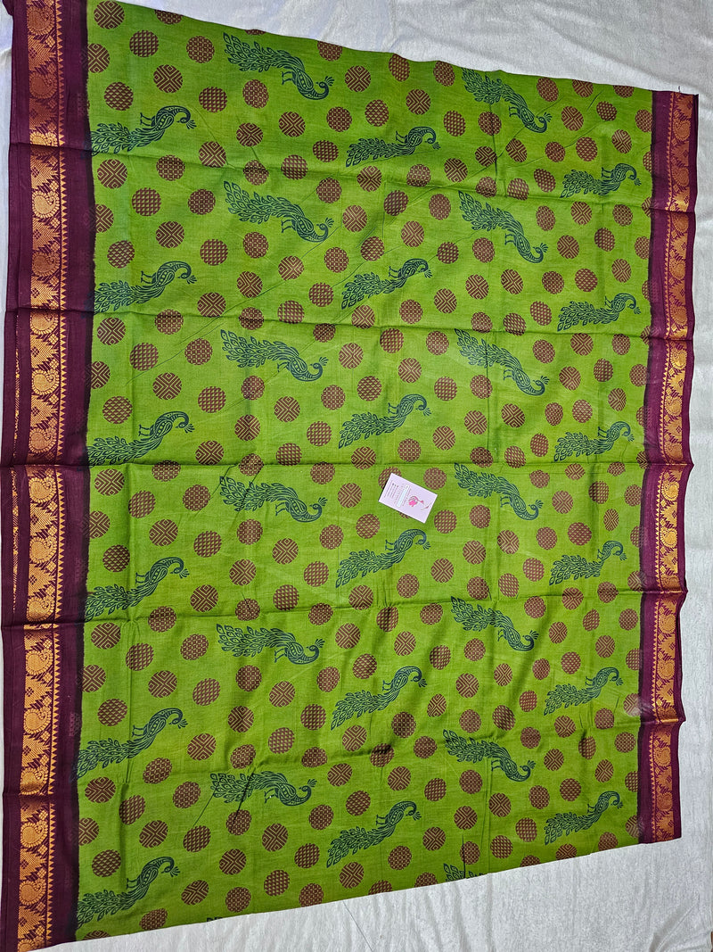 Madurai Sungadi Cotton Saree with Prints - Green with Maroon