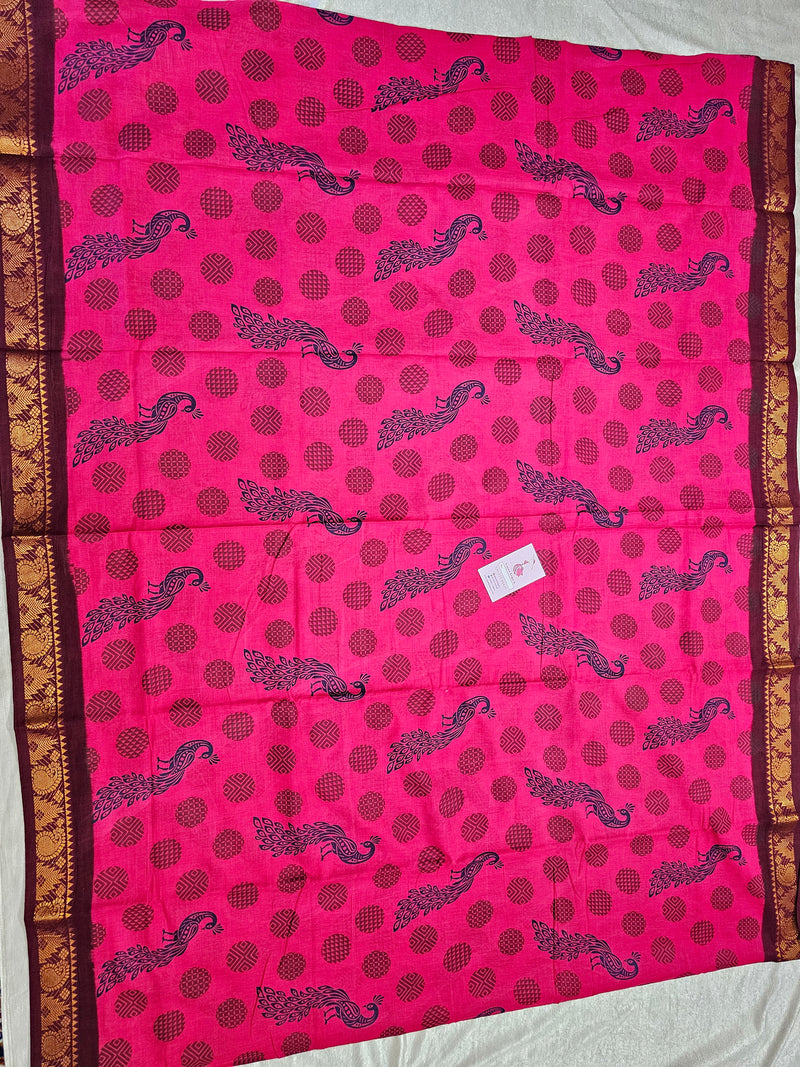 Madurai Sungadi Cotton Saree with Prints - Pink with Maroon