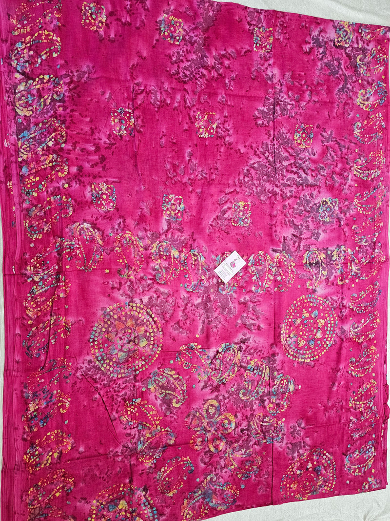 Mul Mul  Cotton Saree with Wax Prints -  Pink