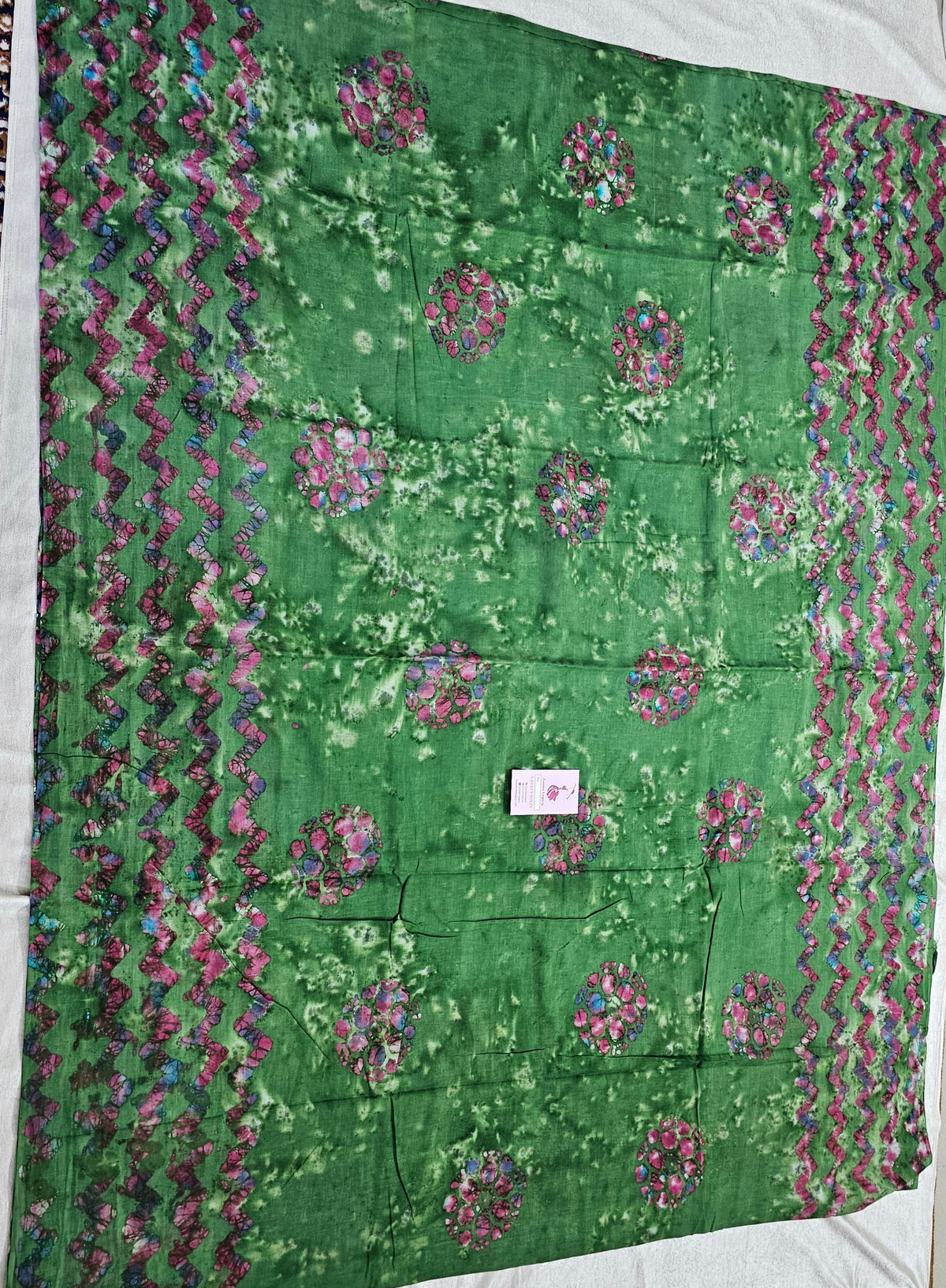 Mul Mul  Cotton Saree with Wax Prints - Green