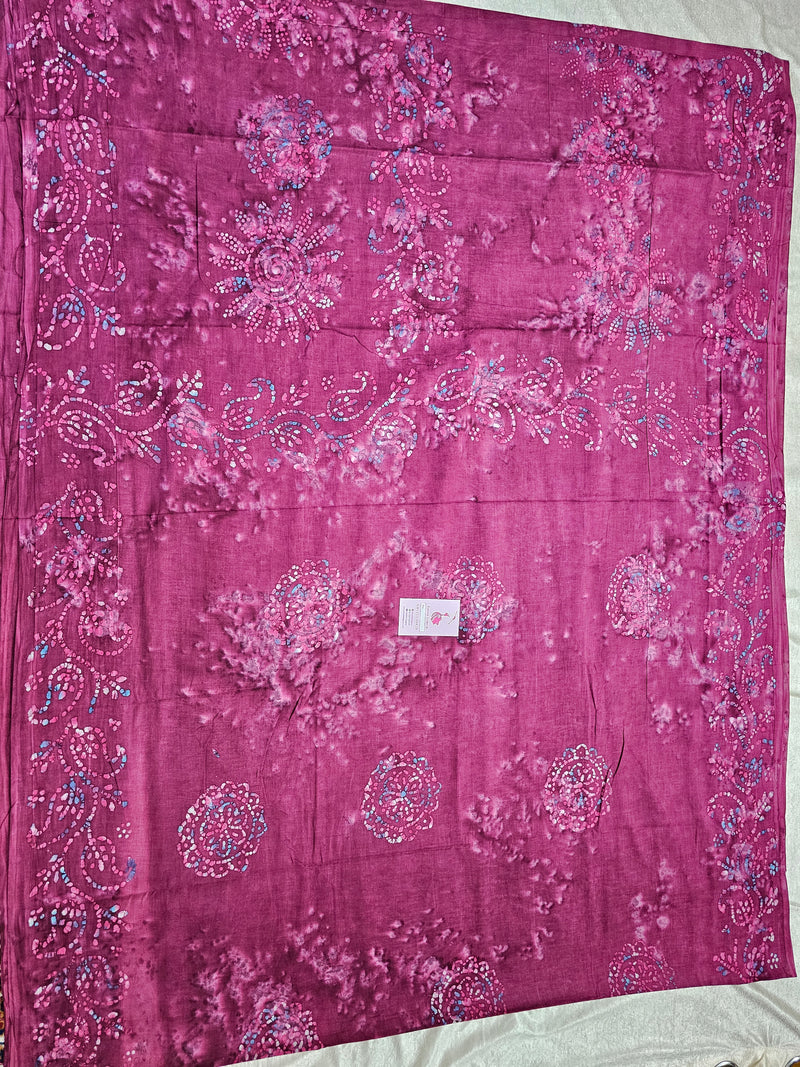 Mul Mul  Cotton Saree with Wax Prints - Onion Pink