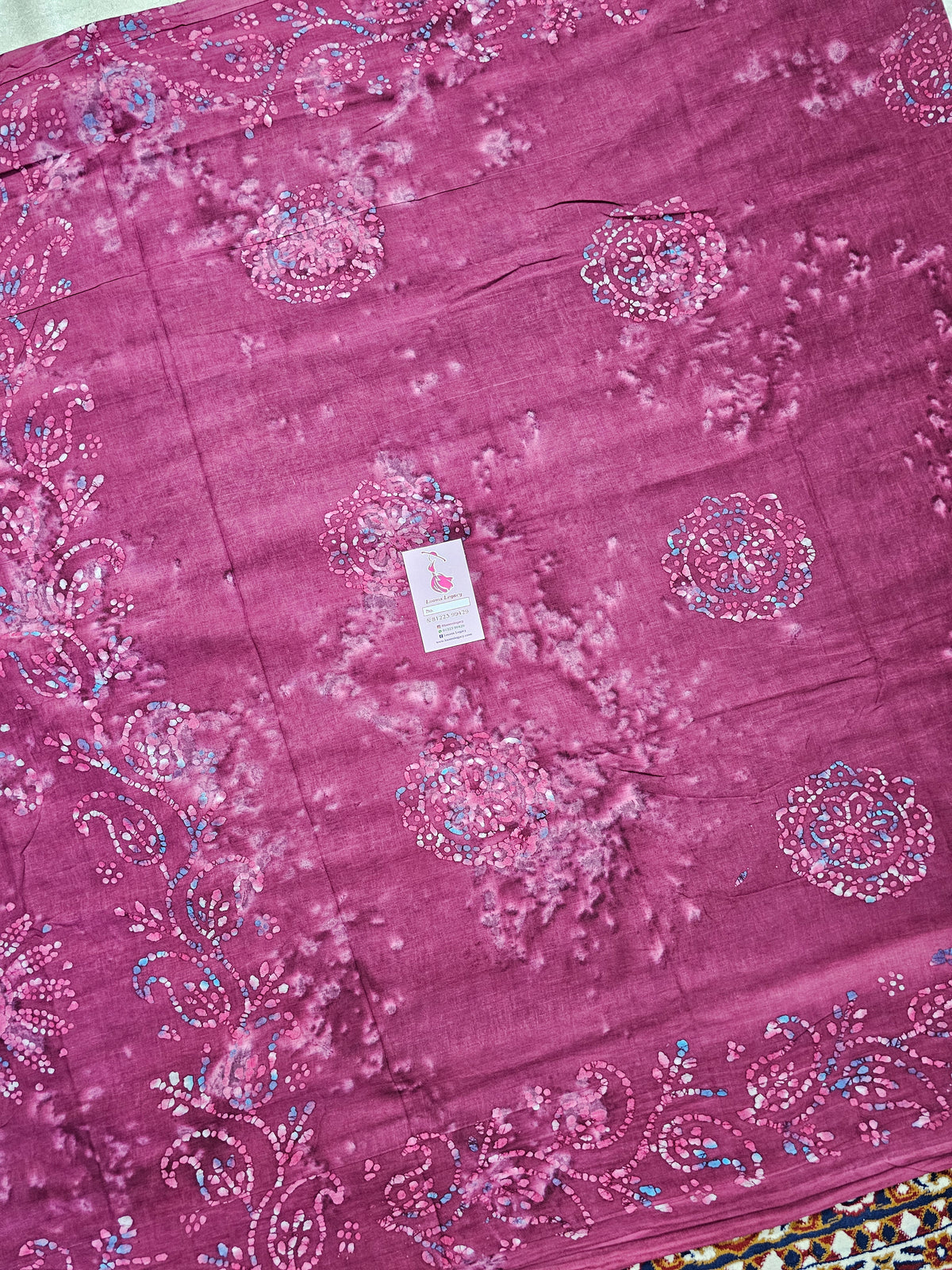 Mul Mul  Cotton Saree with Wax Prints - Onion Pink