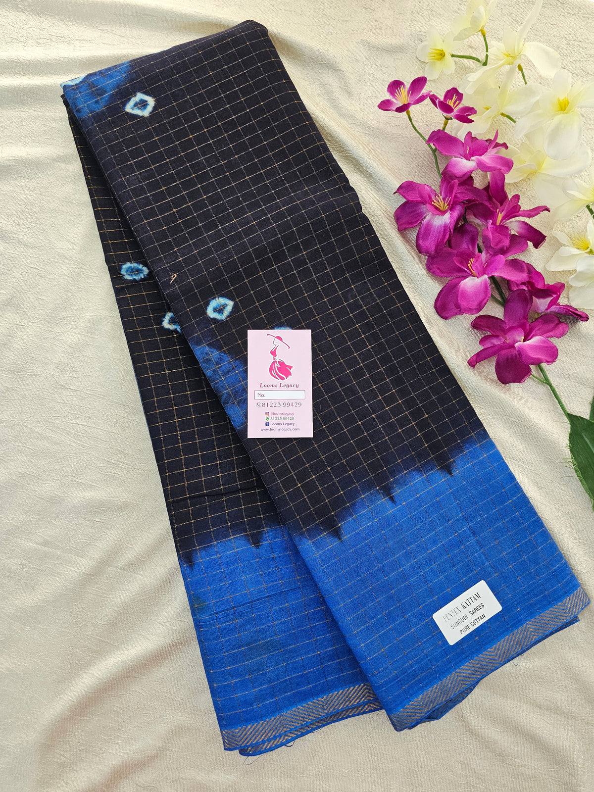 Madurai Sungadi Cotton Small Checks  Saree - Navy Blue with Blue