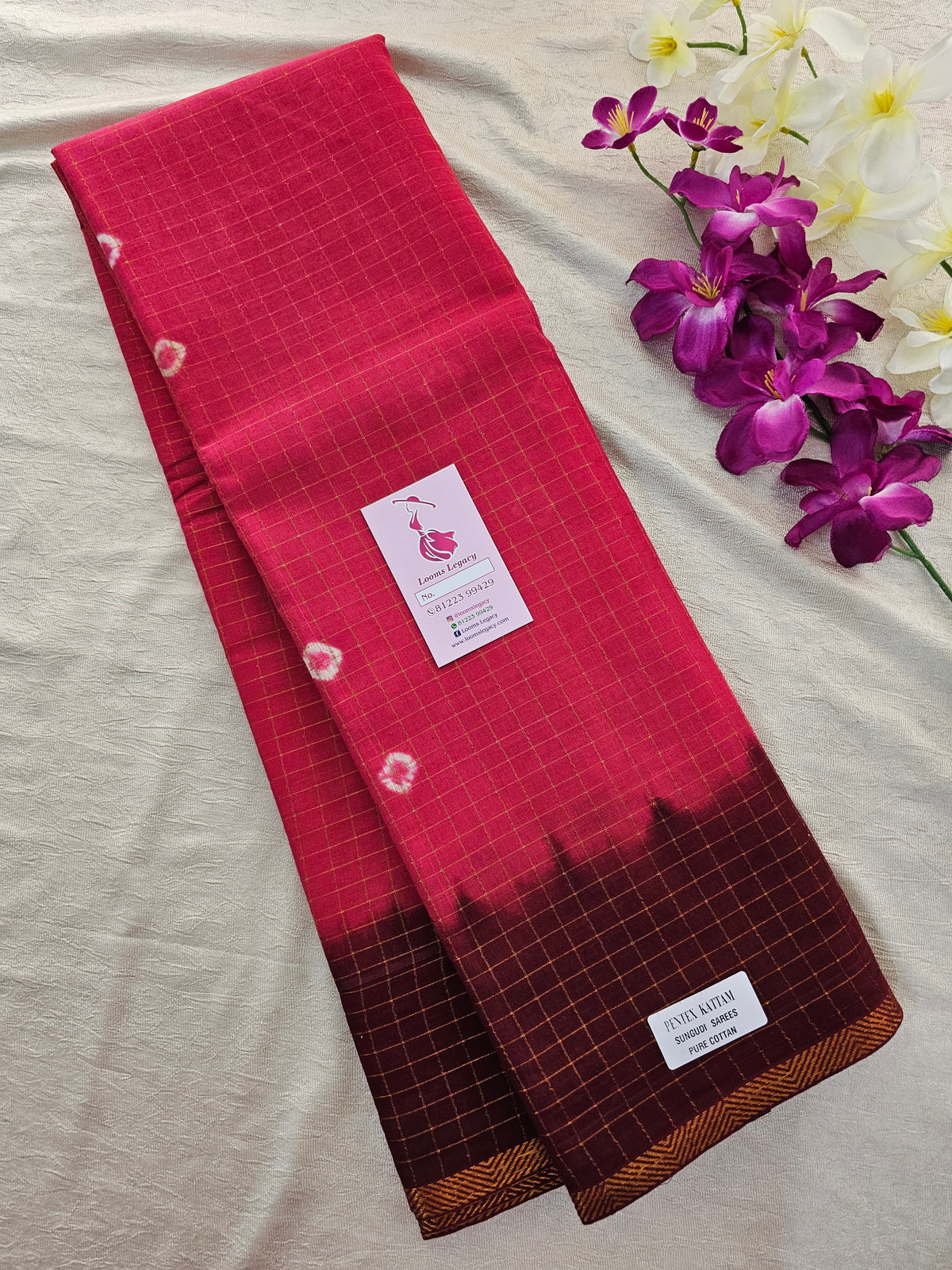 Madurai Sungadi Cotton Small Checks  Saree - Dark Pink with Maroon