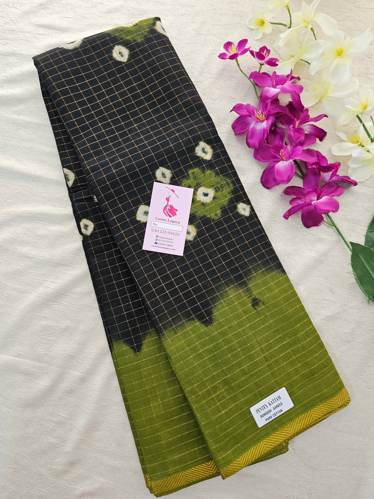 Madurai Sungadi Cotton Small Checks  Saree - Black with Green