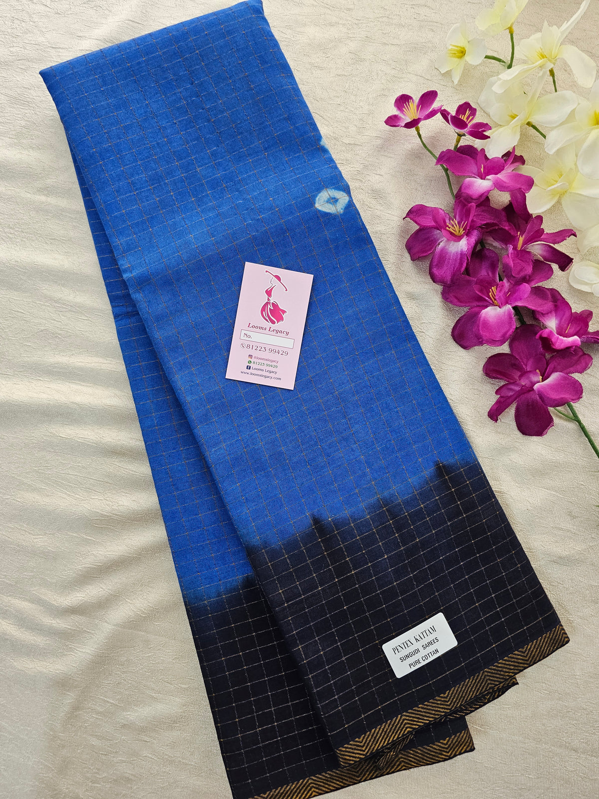 Madurai Sungadi Cotton Small Checks  Saree - Blue with Navy Blue