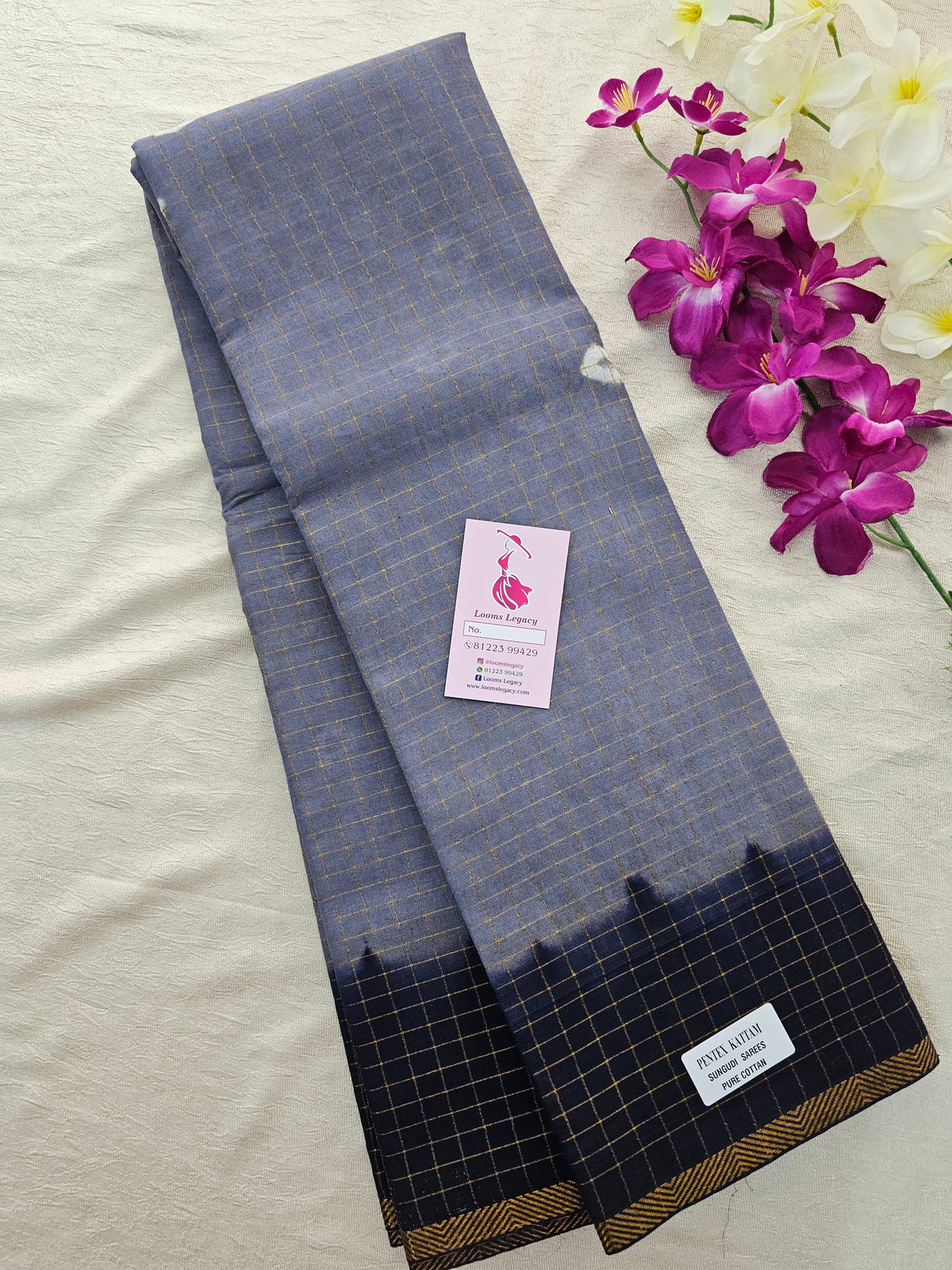 Madurai Sungadi Cotton Small Checks  Saree - Grey with Dark Blue