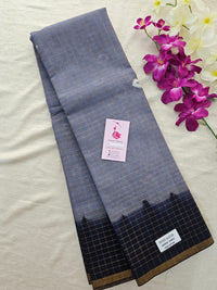 Madurai Sungadi Cotton Small Checks  Saree - Grey with Dark Blue