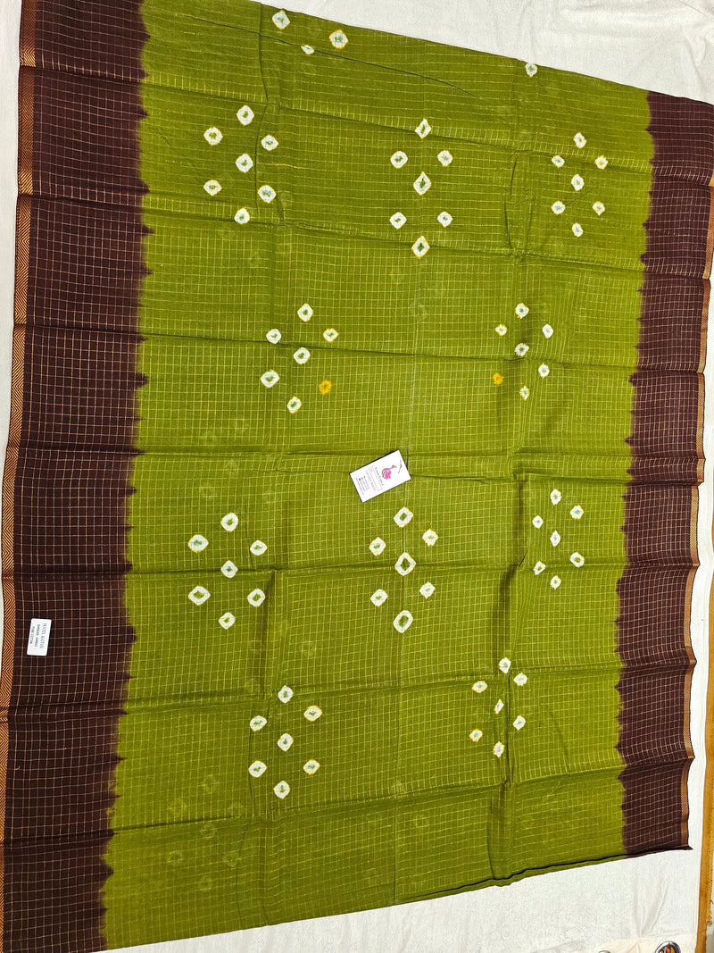 Madurai Sungadi Cotton Small Checks  Saree - Green with Brown