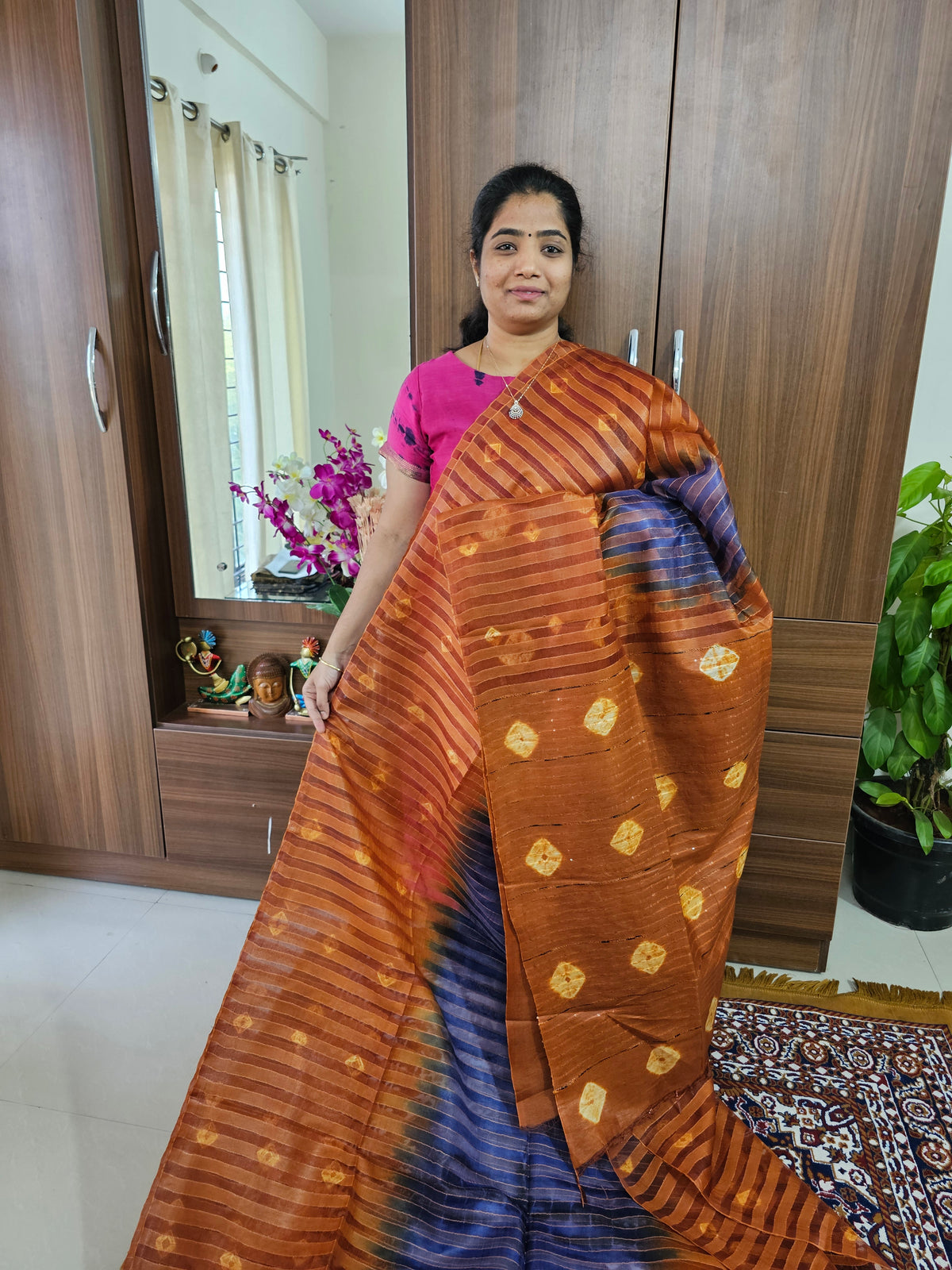 Bhagalpuri Silk Viscous Noil Saree - Violet with Brown