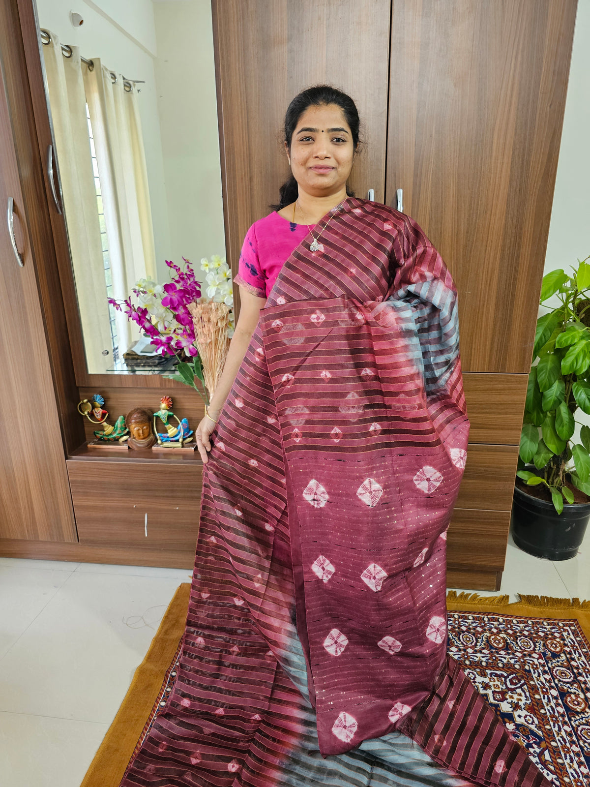 Bhagalpuri Silk Viscous Noil Saree - Grey with Dark Onion Pink