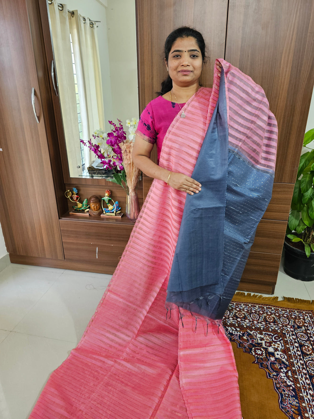 Bhagalpuri Silk Viscous Noil Saree - Pink with Grey