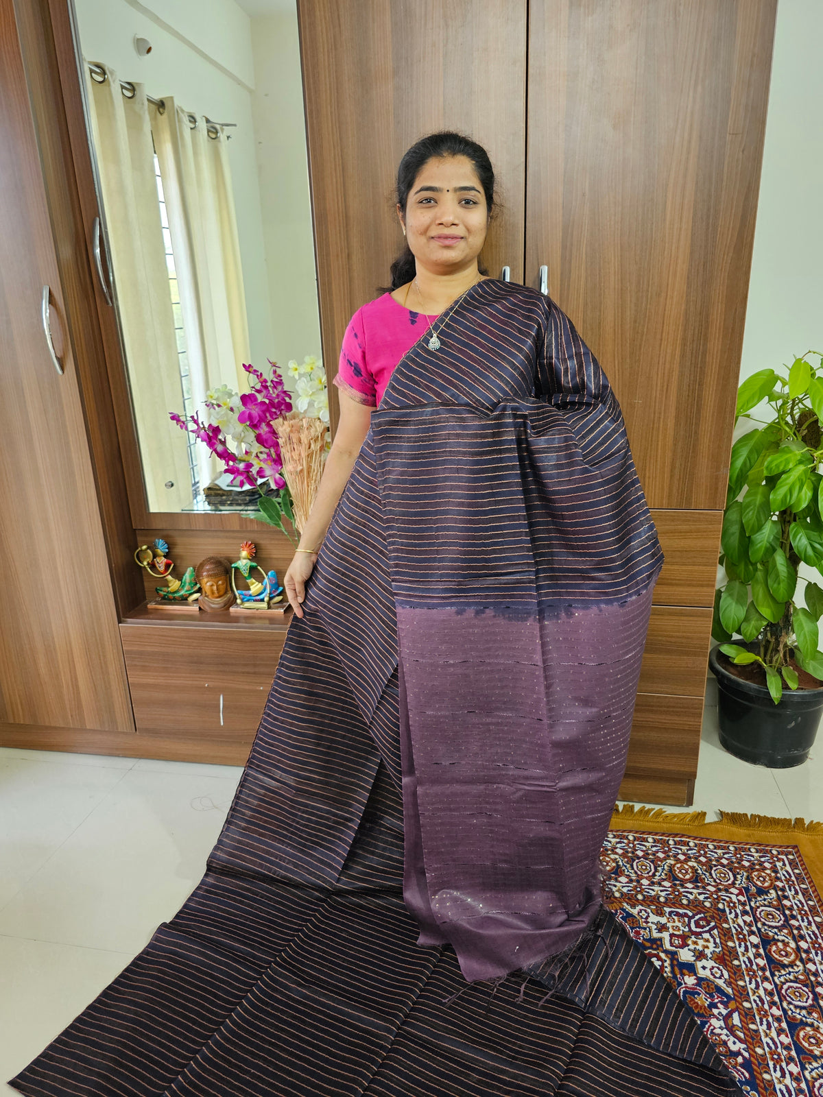 Bhagalpuri Silk Viscous Noil Saree - Dark Blue with Purple