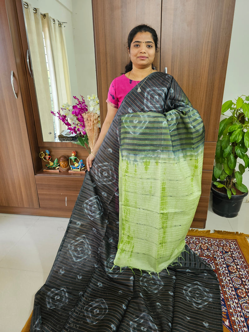 Bhagalpuri Silk Viscous Noil Saree - Dark Grey with Green