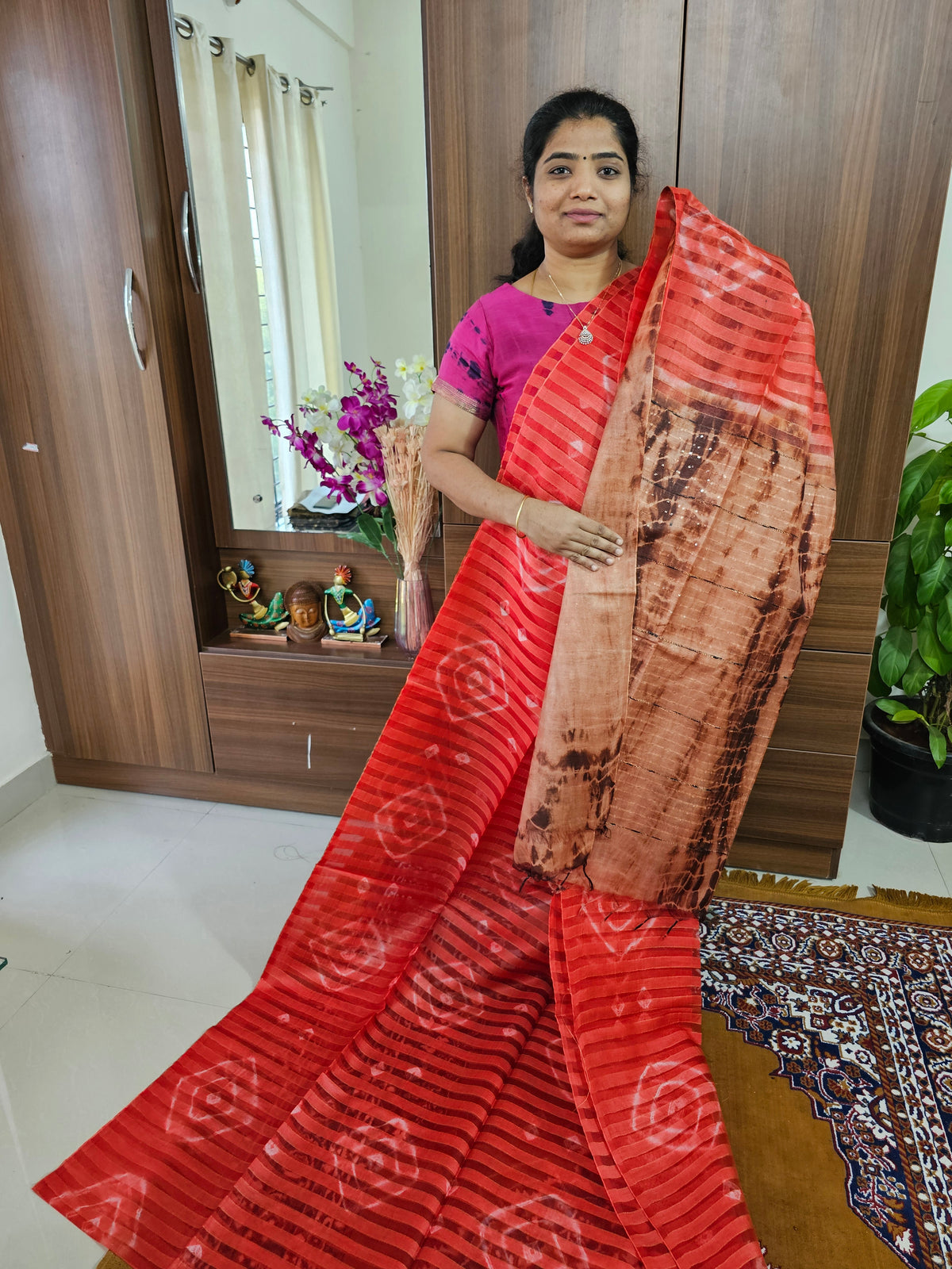 Bhagalpuri Silk Viscous Noil Saree - Red with Brown