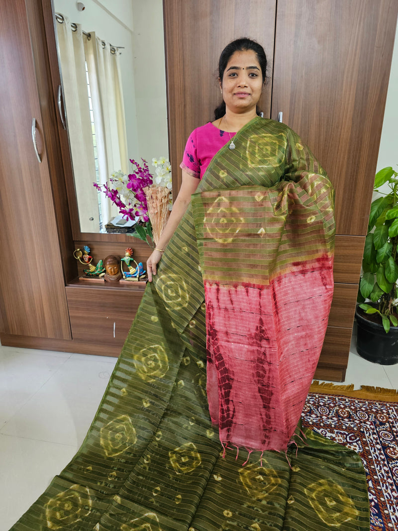 Bhagalpuri Silk Viscous Noil Saree - Green with Onion Pink