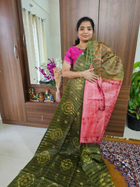 Bhagalpuri Silk Viscous Noil Saree - Green with Onion Pink