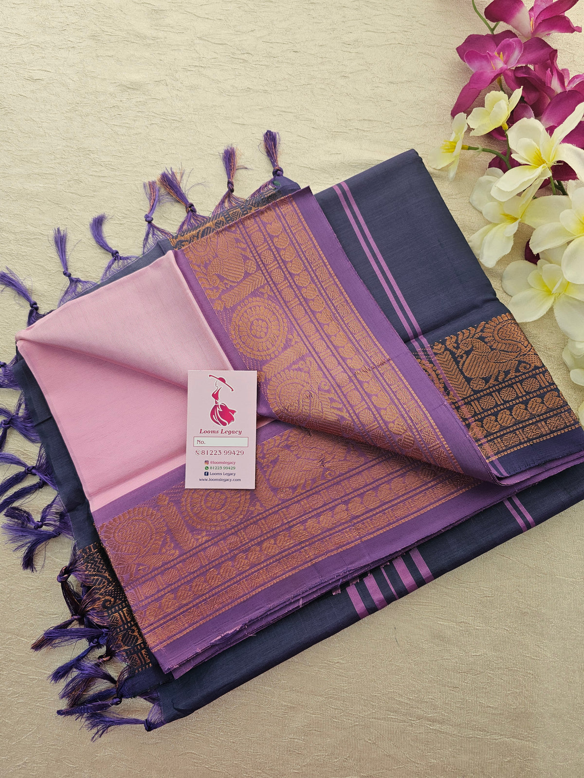 Pink with Dark Purple cum Blue Pallu Chinnalampattu Small Border Saree