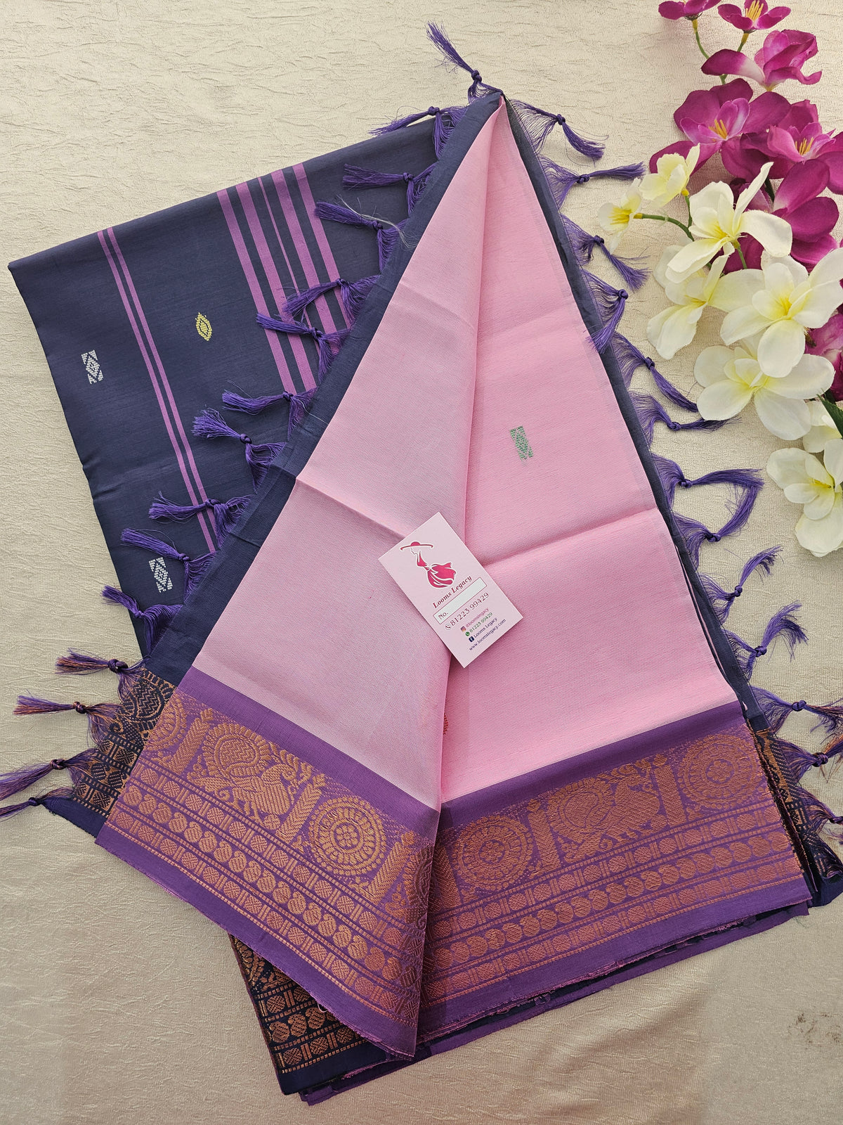 Pink with Dark Purple cum Blue Pallu Chinnalampattu Small Border Saree