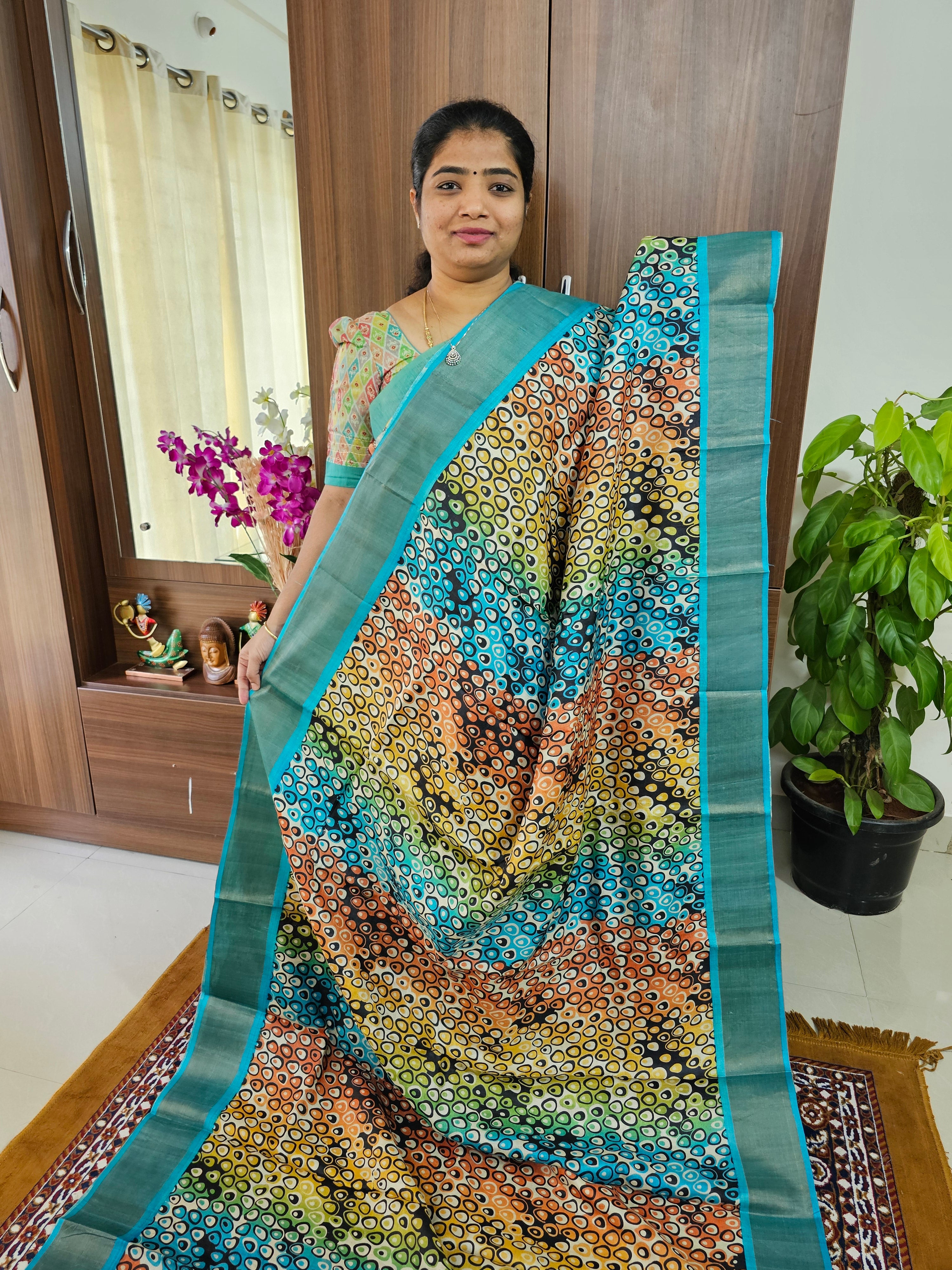 Pure Tussar Silk Saree with Handpainted Kalamkari Print and Weaving