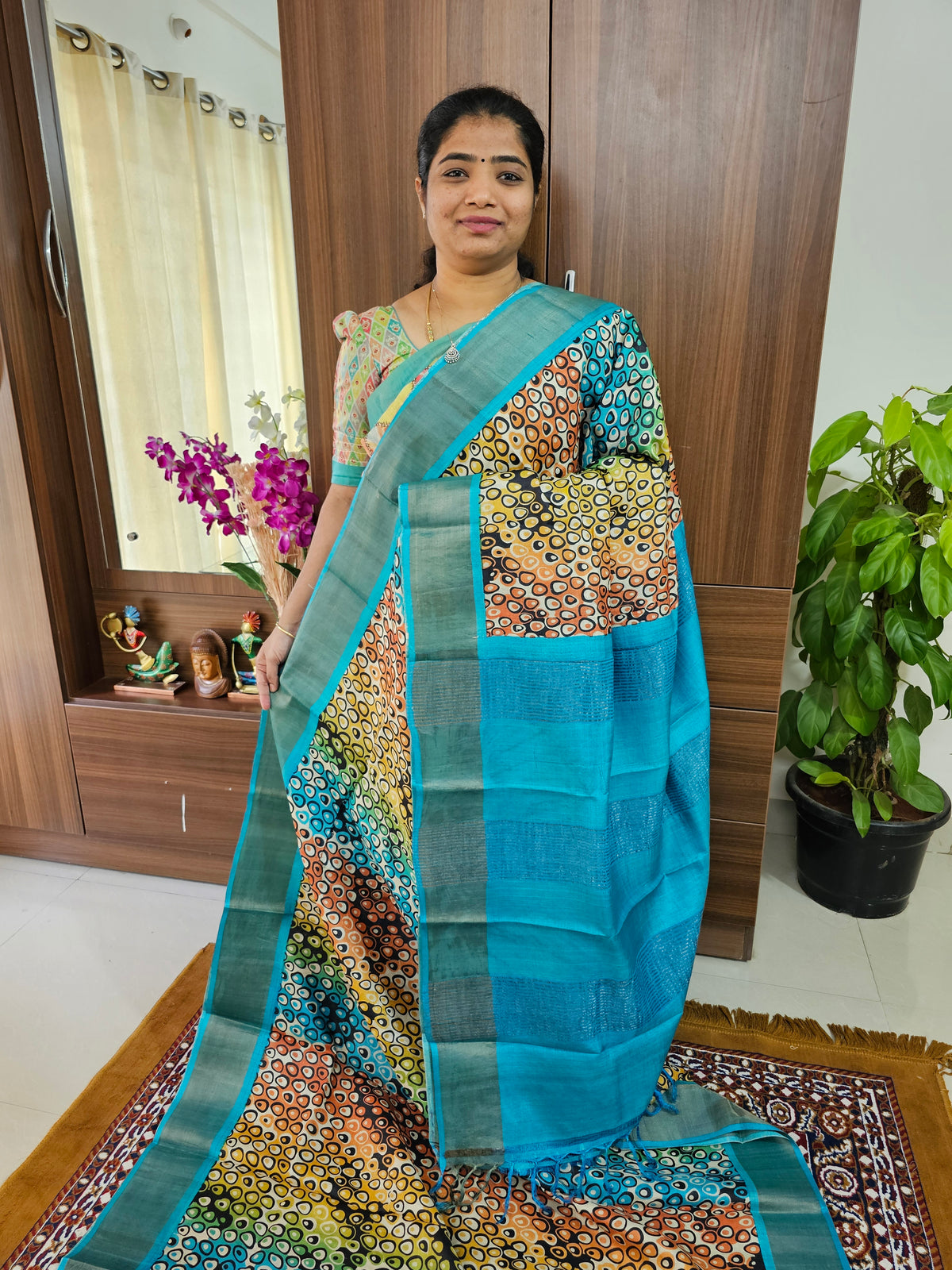 Multi Shade Blue Handwoven Tussar Silk Saree with Zari Border