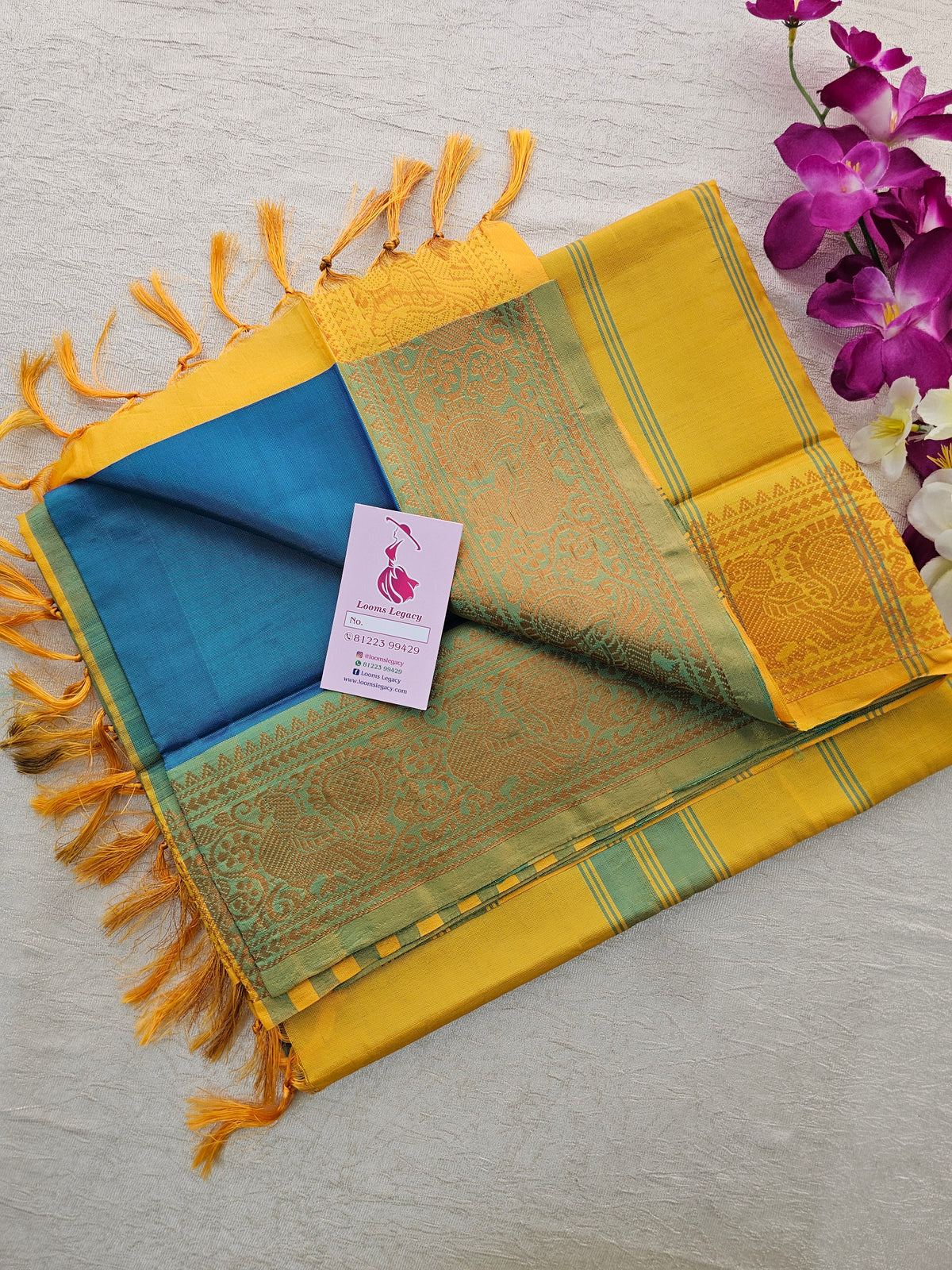 Blue with Yellow Pallu Chinnalampattu Small Border Saree