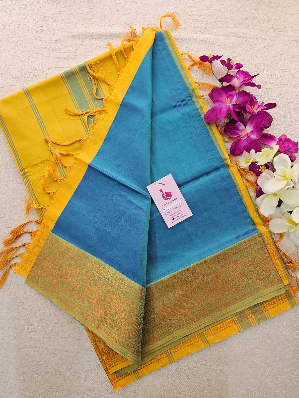 Blue with Yellow Pallu Chinnalampattu Small Border Saree