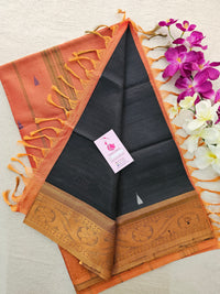 Black with Orange Pallu Chinnalampattu Small Border Saree