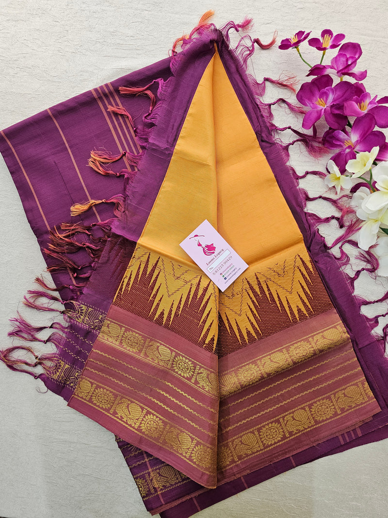 Yellowish Orange with Magenta Pink Pallu Chinnalampattu Korvai Border Saree