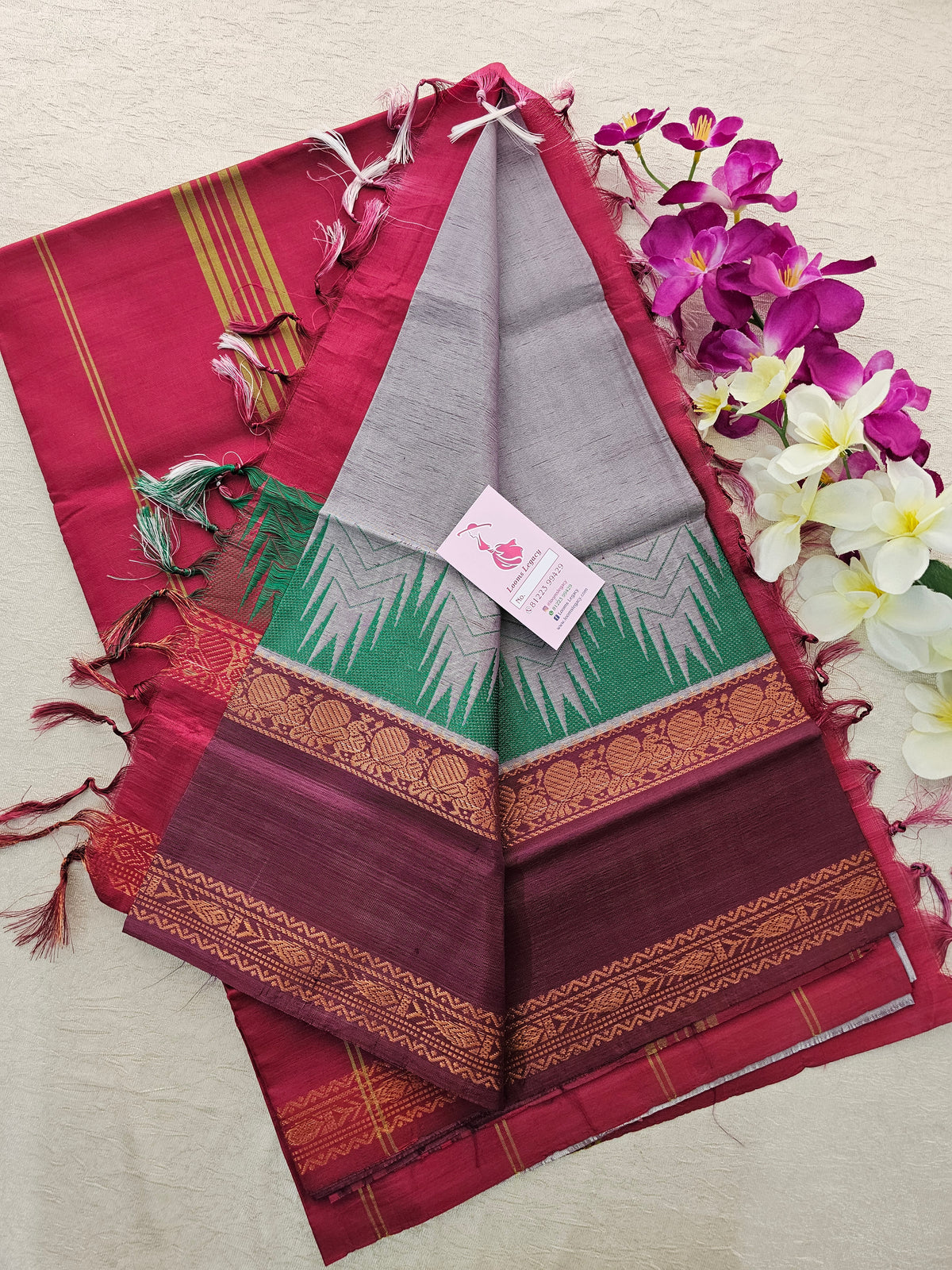 Grey with Maroon Pallu Chinnalampattu Korvai Border Saree