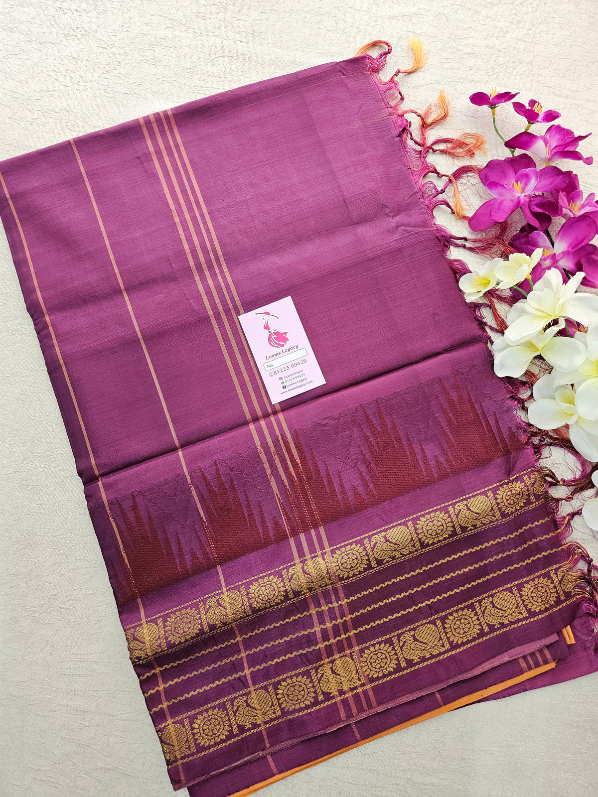 Light Yellow cum Orange with Magenta Pink Pallu Chinnalampattu Korvai Border Saree