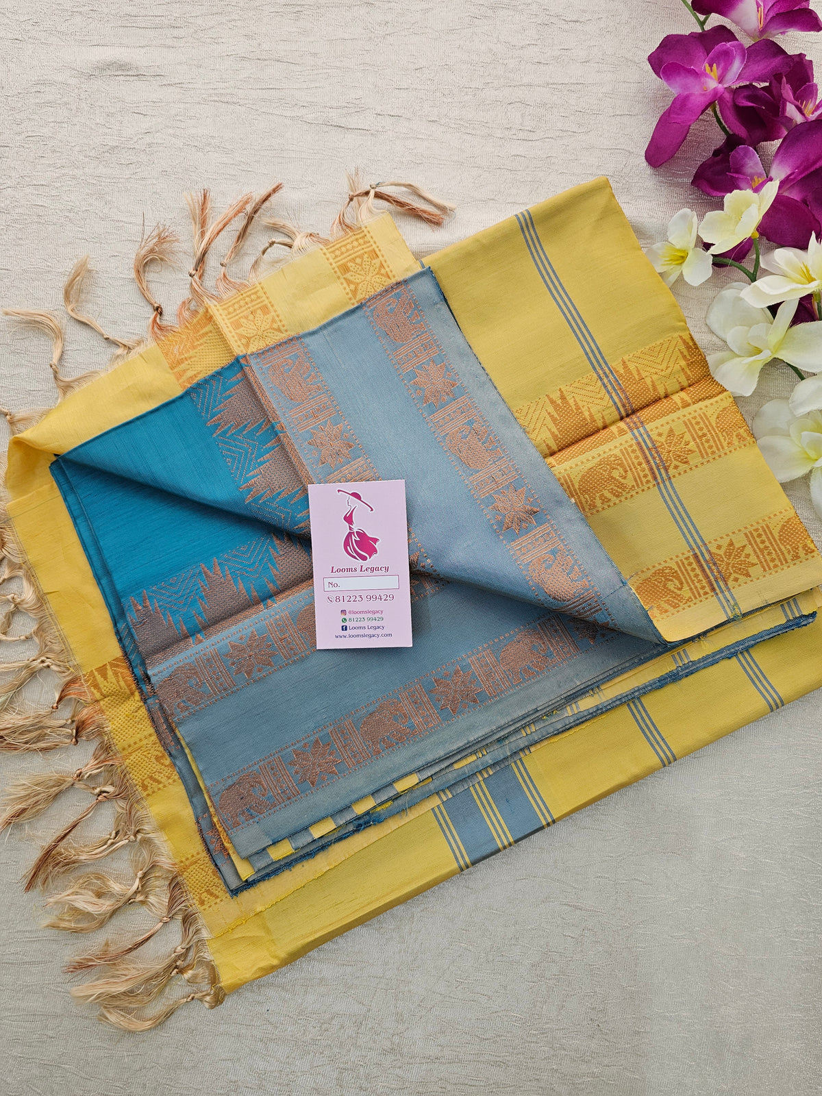 Sea Blue with Yellow Pallu Chinnalampattu Korvai Border Saree