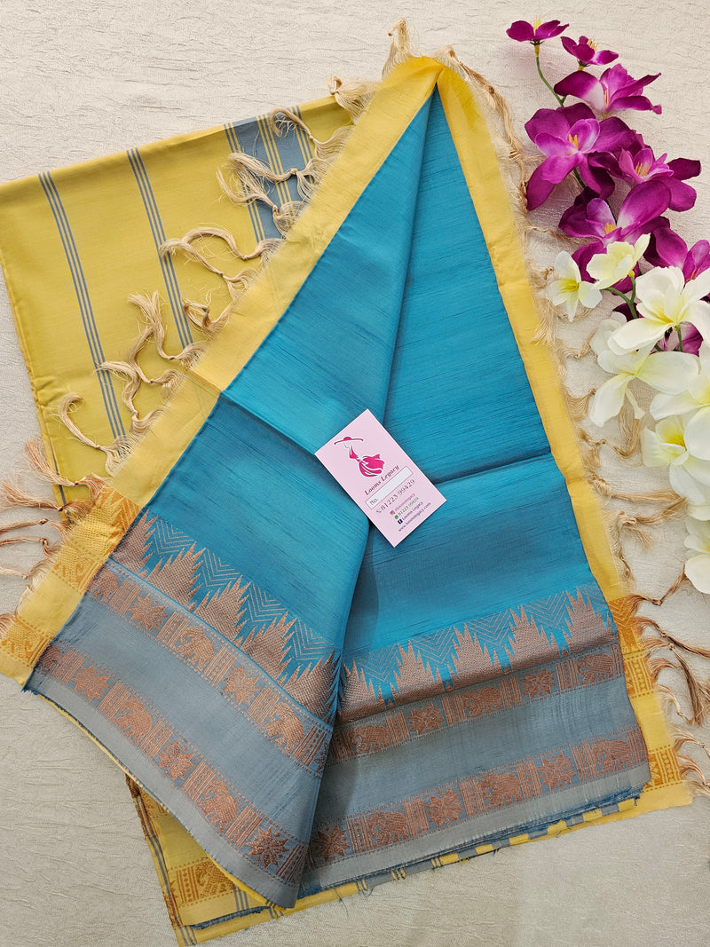 Sea Blue with Yellow Pallu Chinnalampattu Korvai Border Saree