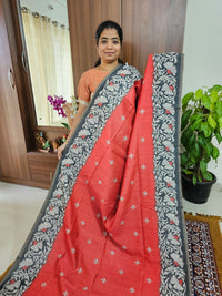 Semi Ghicha Floral Printed Saree - Red with Grey