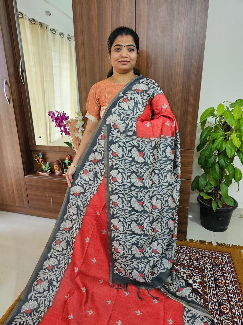 Semi Ghicha Floral Printed Saree - Red with Grey