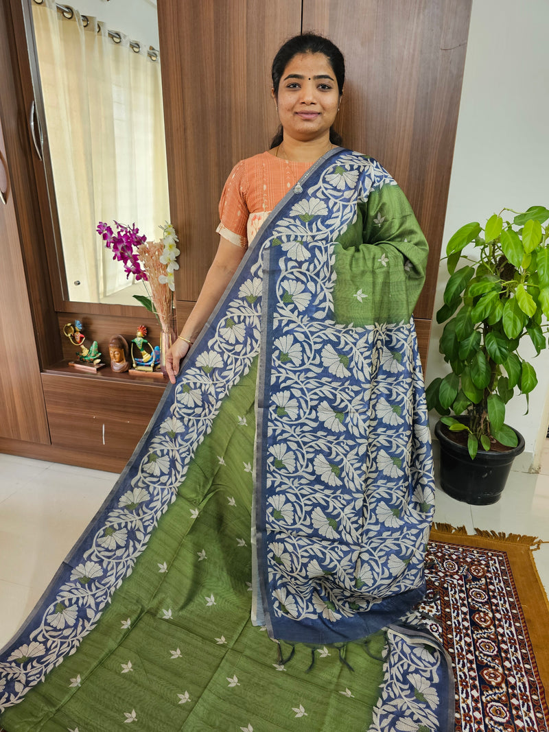 Semi Ghicha Floral Printed Saree -Green with Blue