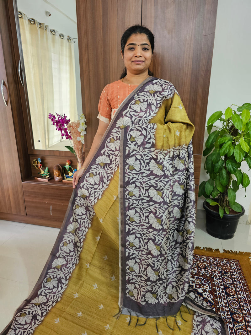 Semi Ghicha Floral Printed Saree - Yellow with Brown