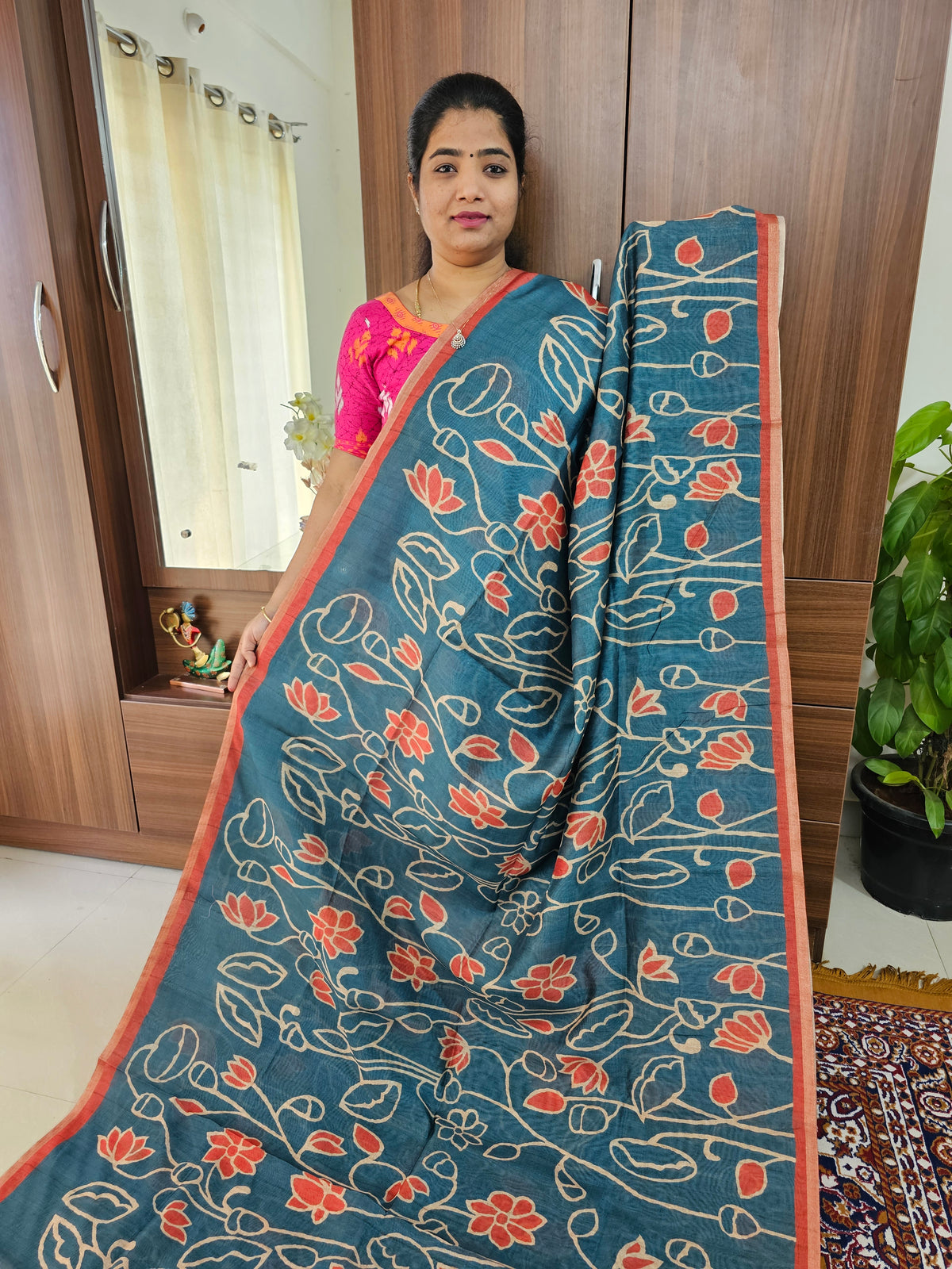 Semi Ghicha Floral Printed Saree - Peacock Blue with Maroon