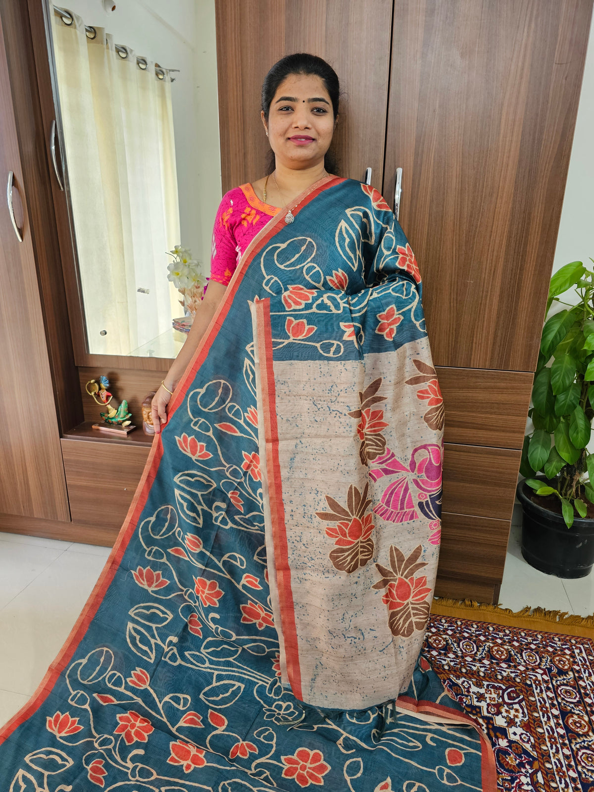 Semi Ghicha Floral Printed Saree - Peacock Blue with Maroon