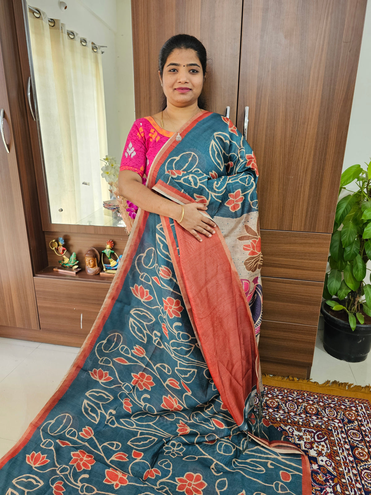 Semi Ghicha Floral Printed Saree - Peacock Blue with Maroon