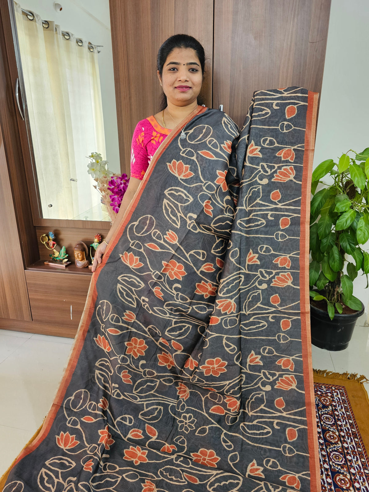 Semi Ghicha Floral Printed Saree - Grey with Brown