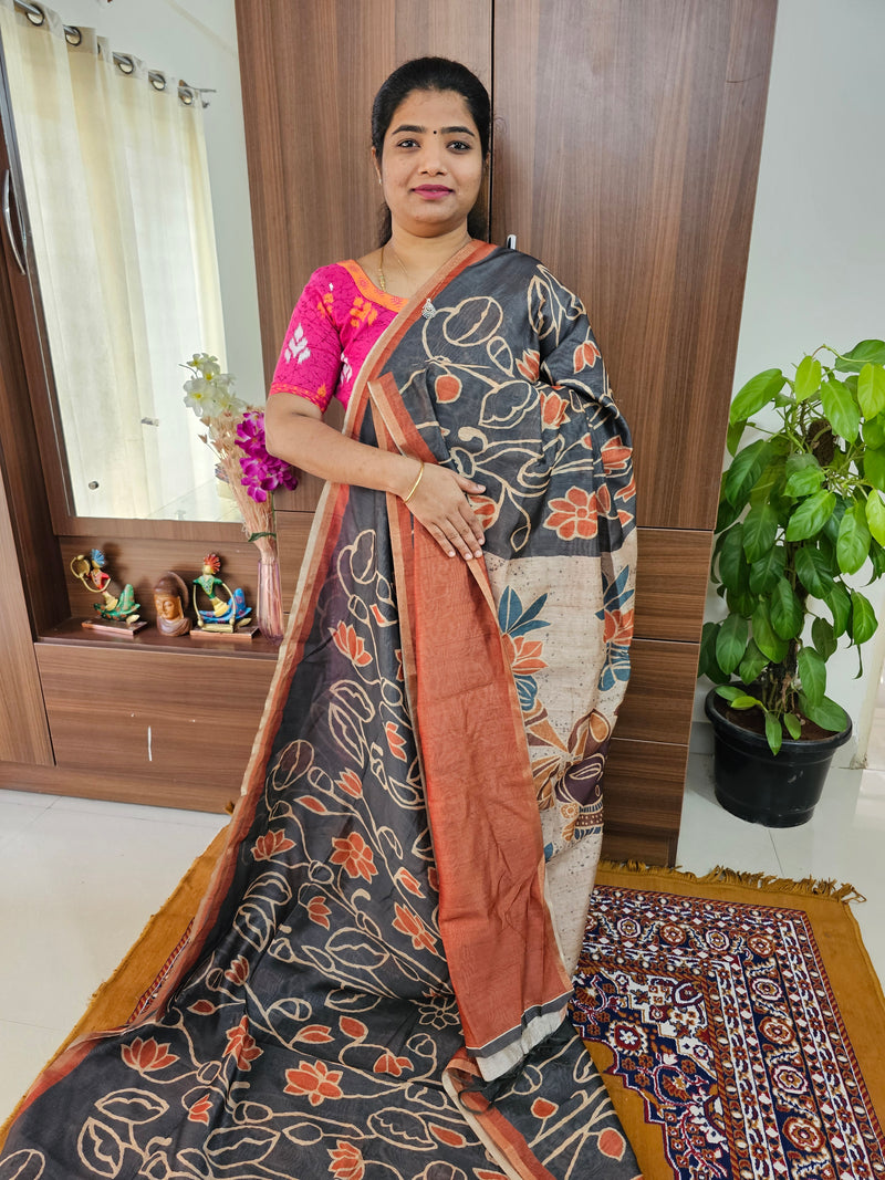 Semi Ghicha Floral Printed Saree - Grey with Brown