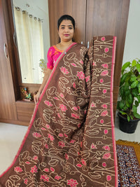 Semi Ghicha Floral Printed Saree - Dark Brown with Pink