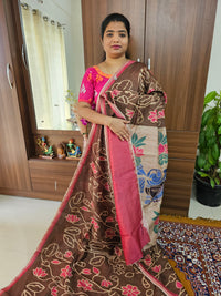 Semi Ghicha Floral Printed Saree - Dark Brown with Pink