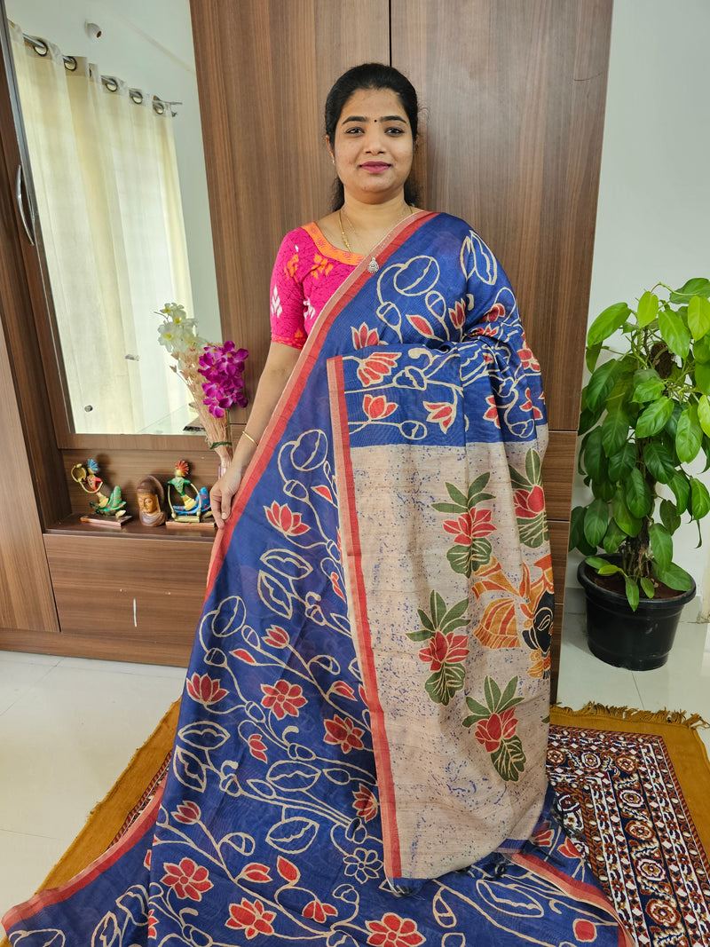 Semi Ghicha Floral Printed Saree - Blue with Red