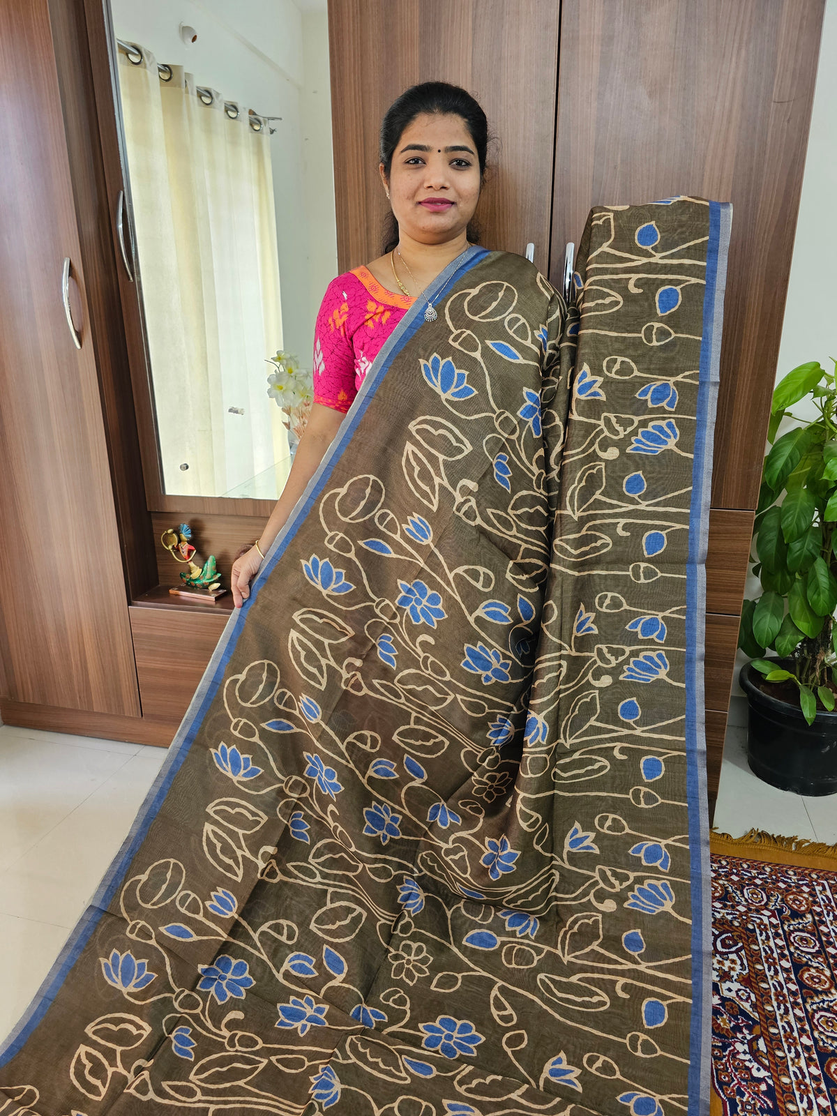 Semi Ghicha Floral Printed Saree - Dark Green with Blue