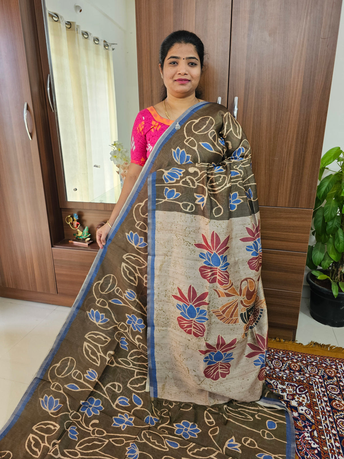 Semi Ghicha Floral Printed Saree - Dark Green with Blue